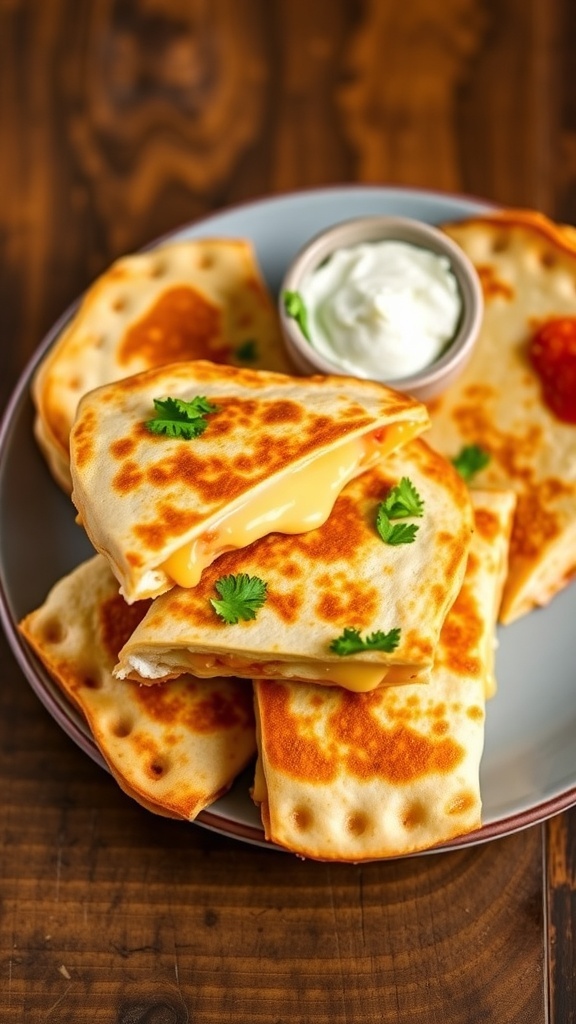 Golden-brown cheese quesadillas cut into wedges, served with salsa and sour cream on a rustic table.